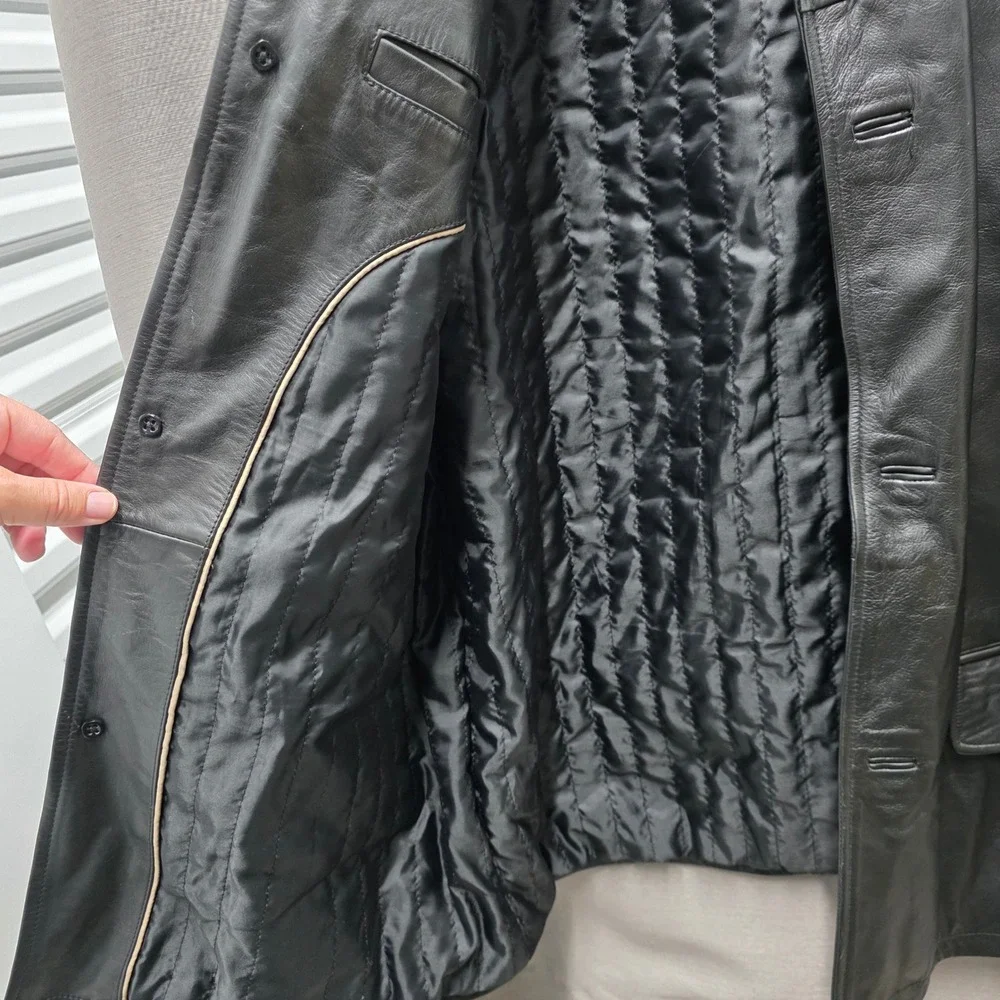 Banana Republic Mens Black Leather Car Coat Vintage 2003 Button Front Jacket M